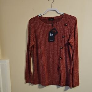 Funlingo Burgandy asymmetrical Faux button top. NWT